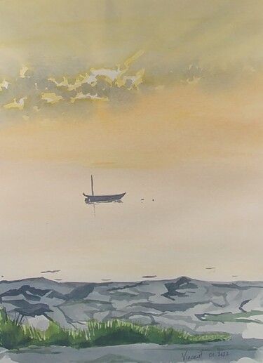 Painting titled "Barque au soleil co…" by Vincent François, Original Artwork, Watercolor Mounted on Cardboard