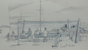 Картина под названием "Marché au poisson" - Vincent François, Подлинное произведение искусства, Акварель