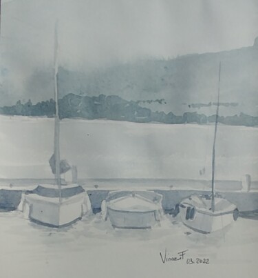 Peinture intitulée "Attente au port de…" par Vincent François, Œuvre d'art originale, Aquarelle