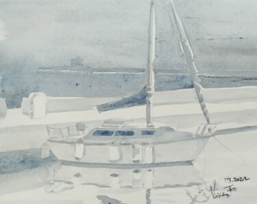 Painting titled "Seul au port" by Vincent François, Original Artwork, Watercolor