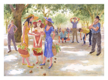 Bavardage au retour du marché. Peinture intitulée "Bavardage au retour…" par Vincent Monluc, Œuvre d'art originale, Aquarelle