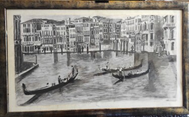 Schilderij getiteld "Gondolieri a Venezia" door Vincenzo Piras, Origineel Kunstwerk, Houtskool