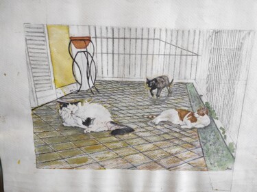 Pittura intitolato "Tom, Jerry e Prisci…" da Vincenzo Piras, Opera d'arte originale, Acquarello