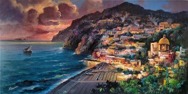 Painting titled "Positano sunset - S…" by Vincenzo Somma, Original Artwork, Oil Mounted on Wood Stretcher frame