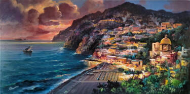 Schilderij getiteld "Positano sunset - S…" door Vincenzo Somma, Origineel Kunstwerk, Olie Gemonteerd op Frame voor houten br…