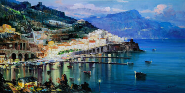 Painting titled "Amalfi by night - S…" by Vincenzo Somma, Original Artwork, Oil