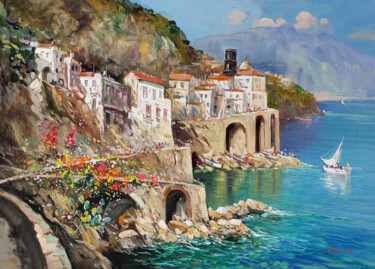 Painting titled "Atrani seaside - Am…" by Vincenzo Somma, Original Artwork, Oil Mounted on Wood Stretcher frame