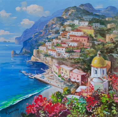 Painting titled "Positano flowered c…" by Vincenzo Somma, Original Artwork, Oil Mounted on Wood Stretcher frame