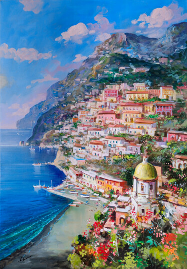 Painting titled "Positano coast vert…" by Vincenzo Somma, Original Artwork, Oil Mounted on Wood Stretcher frame