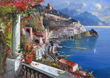 Schilderij getiteld "Amalfi terrace view…" door Vincenzo Somma, Origineel Kunstwerk, Olie Gemonteerd op Frame voor houten br…