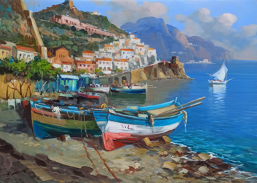 Painting titled "Beach with boats -…" by Vincenzo Somma, Original Artwork, Oil Mounted on Wood Stretcher frame