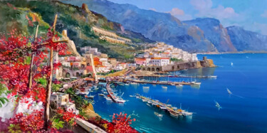 Painting titled "Vineyard on Amalfi…" by Vincenzo Somma, Original Artwork, Oil Mounted on Wood Stretcher frame