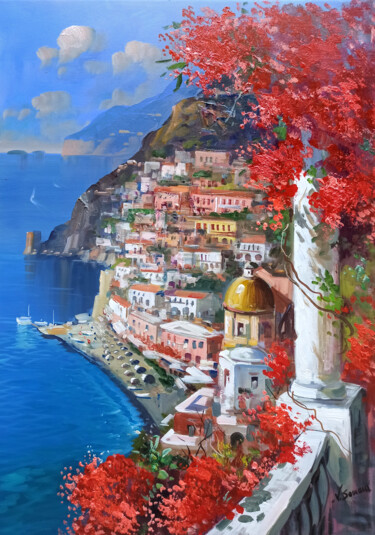 Painting titled "Positano view - Ita…" by Vincenzo Somma, Original Artwork, Oil Mounted on Wood Stretcher frame