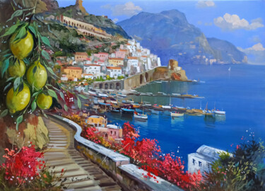 Painting titled "Lemons on Amalfi se…" by Vincenzo Somma, Original Artwork, Oil Mounted on Wood Stretcher frame