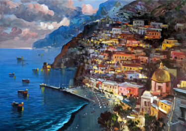 Painting titled "Positano by night -…" by Vincenzo Somma, Original Artwork, Oil Mounted on Wood Stretcher frame
