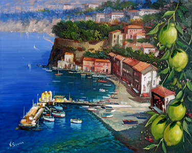 Painting titled "Sorrento view with…" by Vincenzo Somma, Original Artwork, Oil Mounted on Wood Stretcher frame