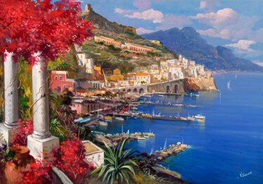 Painting titled "Amalfi big panorama…" by Vincenzo Somma, Original Artwork, Oil Mounted on Wood Stretcher frame