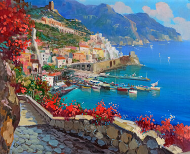 Painting titled "Descent to Amalfi -…" by Vincenzo Somma, Original Artwork, Oil Mounted on Wood Stretcher frame