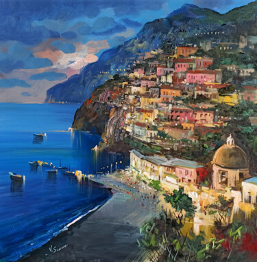 Painting titled "Lights in Positano…" by Vincenzo Somma, Original Artwork, Oil Mounted on Wood Stretcher frame