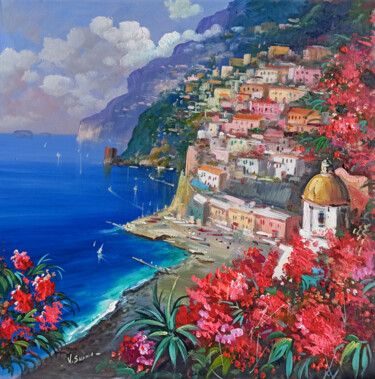 Painting titled "Blooming in Positan…" by Vincenzo Somma, Original Artwork, Oil Mounted on Wood Stretcher frame