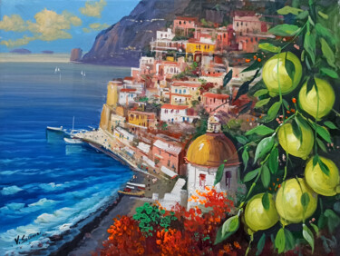 Painting titled "Nature on the coast…" by Vincenzo Somma, Original Artwork, Oil Mounted on Wood Stretcher frame