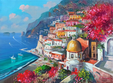 Painting titled "Blooming in Positan…" by Vincenzo Somma, Original Artwork, Oil Mounted on Wood Stretcher frame