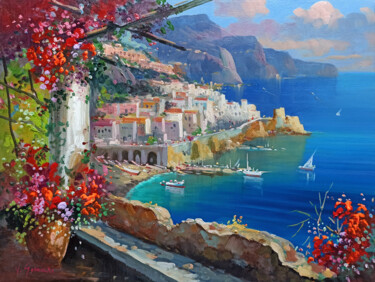 Painting titled "Amalfi blue sea - S…" by Vincenzo Somma, Original Artwork, Oil Mounted on Wood Stretcher frame