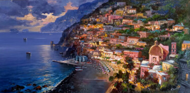 Painting titled "Positano evening -…" by Vincenzo Somma, Original Artwork, Oil Mounted on Wood Stretcher frame