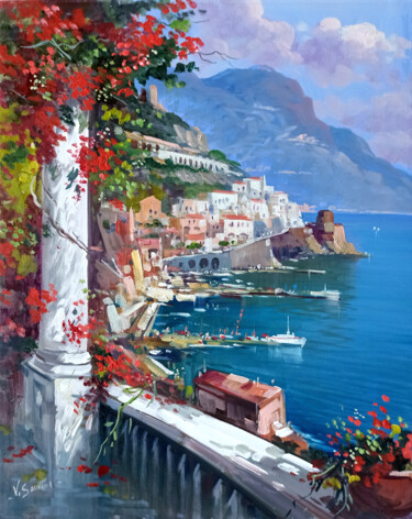 Schilderij getiteld "Amalfi bloomed seas…" door Vincenzo Somma, Origineel Kunstwerk, Olie Gemonteerd op Frame voor houten br…