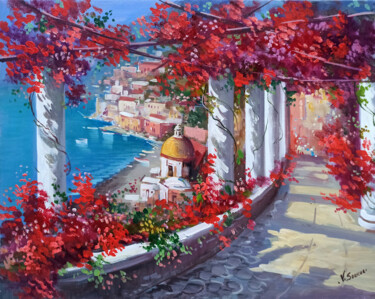 Painting titled "Positano flowery al…" by Vincenzo Somma, Original Artwork, Oil Mounted on Wood Stretcher frame