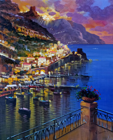 Pittura intitolato "Amalfitan sunset -…" da Vincenzo Somma, Opera d'arte originale, Olio Montato su Telaio per barella in le…