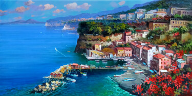Painting titled "Sorrento gulf panor…" by Vincenzo Somma, Original Artwork, Oil Mounted on Wood Stretcher frame