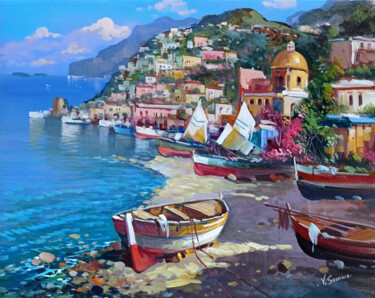 Painting titled "Marina of Positano…" by Vincenzo Somma, Original Artwork, Oil Mounted on Wood Stretcher frame