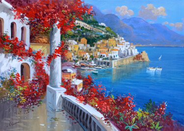 Painting titled "Terrace with red fl…" by Vincenzo Somma, Original Artwork, Oil Mounted on Wood Stretcher frame