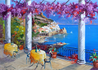 Painting titled "Breakfast in Amalfi…" by Vincenzo Somma, Original Artwork, Oil Mounted on Wood Stretcher frame
