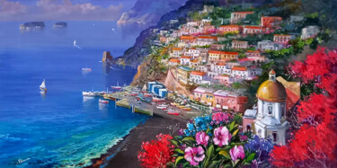 Painting titled "Positano flowery co…" by Vincenzo Somma, Original Artwork, Oil Mounted on Wood Stretcher frame