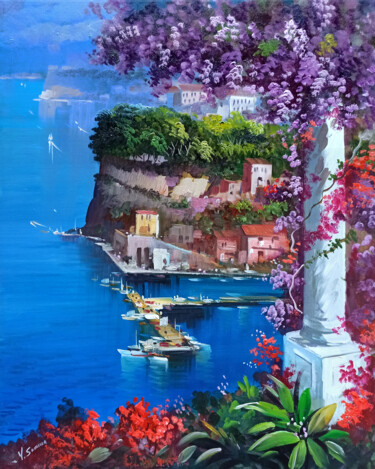 Painting titled "Flowery terrace in…" by Vincenzo Somma, Original Artwork, Oil Mounted on Wood Stretcher frame
