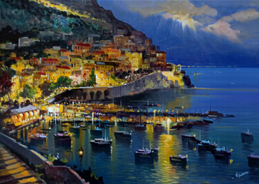 Painting titled "Evening in Amalfi -…" by Vincenzo Somma, Original Artwork, Oil Mounted on Wood Stretcher frame