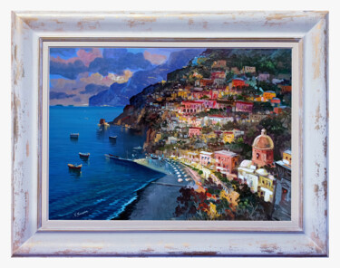 Painting titled ""Positano by night…" by Vincenzo Somma, Original Artwork, Oil Mounted on Wood Stretcher frame