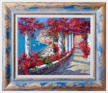 Painting titled "POSITANO FLOWERY AL…" by Vincenzo Somma, Original Artwork, Oil Mounted on Wood Stretcher frame