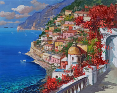 Painting titled "Terrace on the clif…" by Vincenzo Somma, Original Artwork, Oil Mounted on Wood Stretcher frame