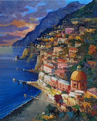Painting titled "Evening on the coas…" by Vincenzo Somma, Original Artwork, Oil Mounted on Wood Stretcher frame