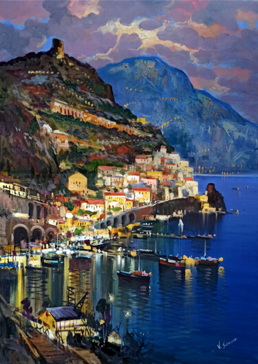 Painting titled "Seaside by night -…" by Vincenzo Somma, Original Artwork, Oil Mounted on Wood Stretcher frame