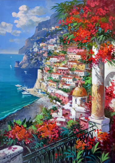 Painting titled "Positano flowery pa…" by Vincenzo Somma, Original Artwork, Oil Mounted on Wood Stretcher frame