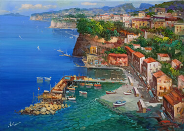 Painting titled "Sorrento air view o…" by Vincenzo Somma, Original Artwork, Oil Mounted on Wood Stretcher frame