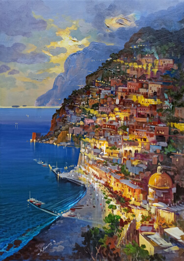 Painting titled "Positano lights on…" by Vincenzo Somma, Original Artwork, Oil Mounted on Wood Stretcher frame