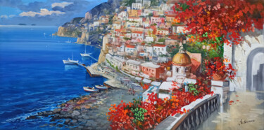 Картина под названием "Red flowers in Posi…" - Vincenzo Somma, Подлинное произведение искусства, Масло Установлен на Деревян…