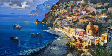 Painting titled "Positano evening on…" by Vincenzo Somma, Original Artwork, Oil Mounted on Wood Stretcher frame