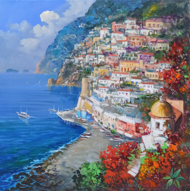 Painting titled "Positano blooming c…" by Vincenzo Somma, Original Artwork, Oil Mounted on Wood Stretcher frame