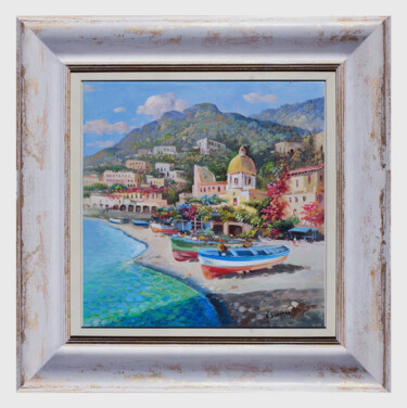 Painting titled "Boats on the beach…" by Vincenzo Somma, Original Artwork, Oil Mounted on Wood Stretcher frame